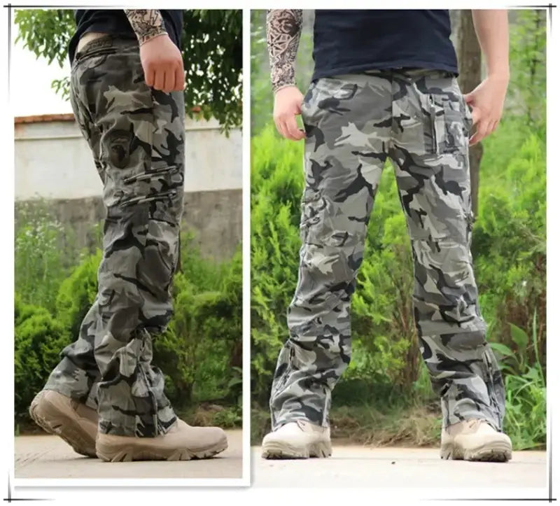 Herren-Tactical-Cargo-Hosen aus Baumwolle mit Camo-Jogger-Optik in Grau und Schwarz mit Tarnmuster mit mehreren funktionalen Taschen.