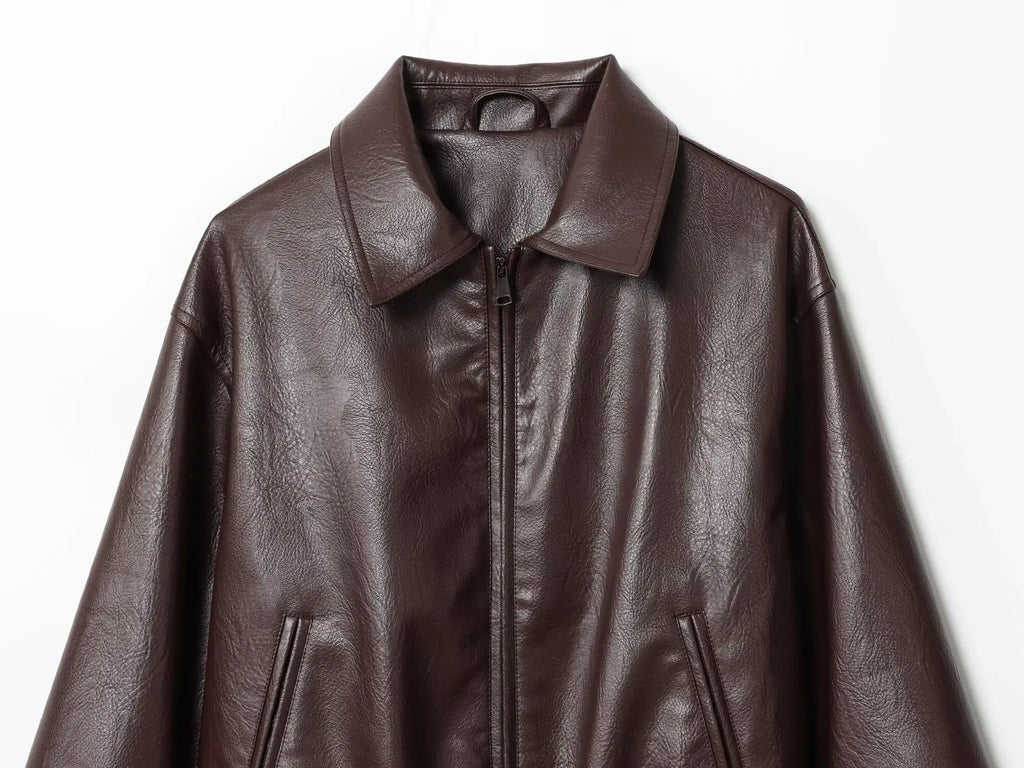 Women's Faux Leather Bomber Jacket Long Sleeve Chic Outerwear Elastic  PU Zipper Jacket Vintage Casual Turn Down Collar Coat