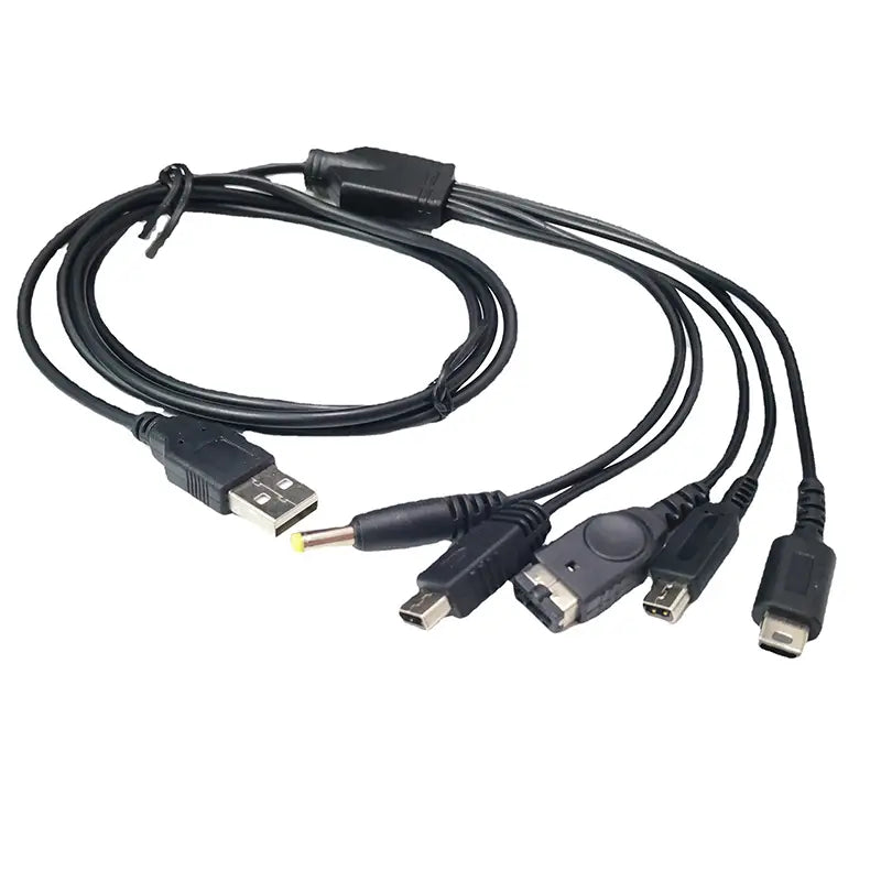 black multi-port 5 in 1 multi console usb charging cable with a central hub featuring standard usb micro-usb and mini-usb connectors for versatile device charging.