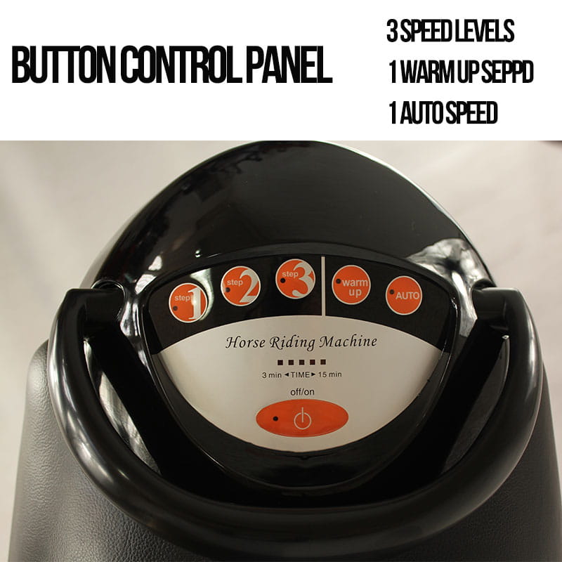 black plastic button control panel with orange circular buttons labeled step 1 2 and 3 warm up auto and off on power switch for horse riding exercise machine fitness equipment