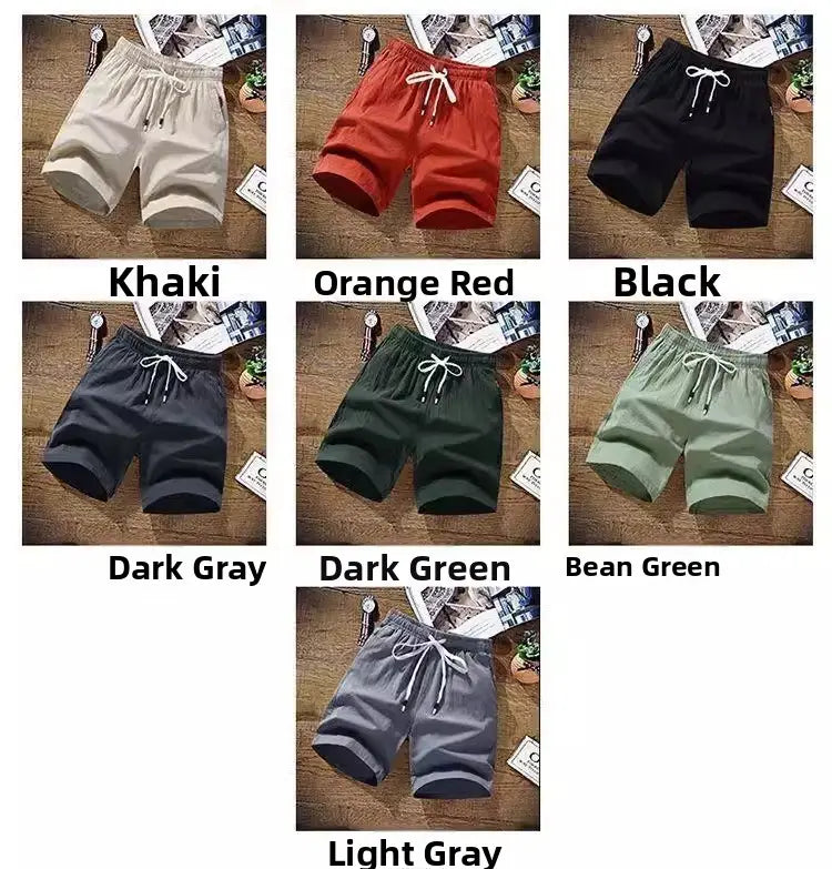 Herren-Leinen-Boxer-Slips für lässige, lockere Sommer-Strandbekleidung in Khaki, Orange, Rot, Schwarz, Dunkelgrau, Dunkelgrün, Bohnen-Grün und Hellgrau mit Kordelzugbund, gefertigt aus leichtem, atmungsaktivem Gewebe.