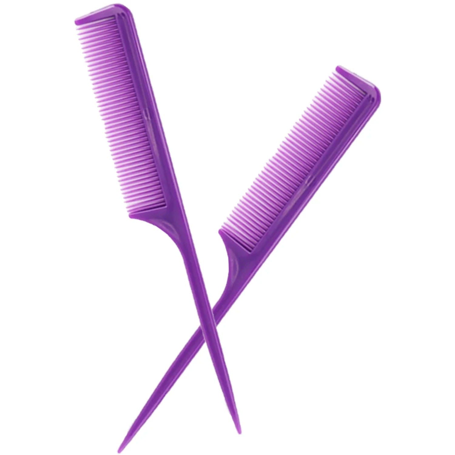 Deux peignes professionnels de coiffure en plastique violet vif, avec des dents fines uniformément espacées et des poignées effilées pour le coiffage et l’usage en coiffure.