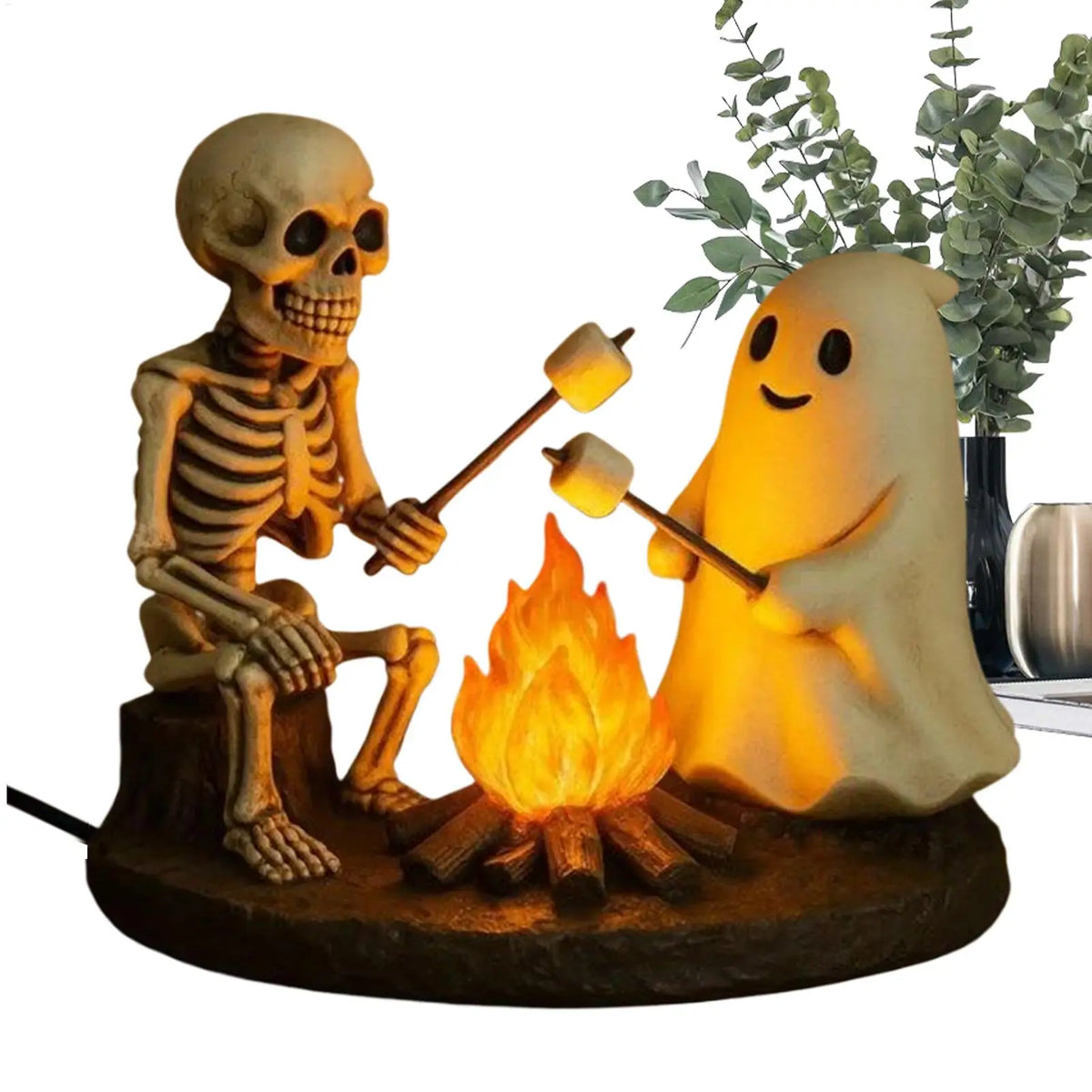 Halloween Skeleton & Ghost Bonfire Night Lamp, Flickering Campfire Nightlight, Spooky Indoor Tabletop Home Decoration Ornament