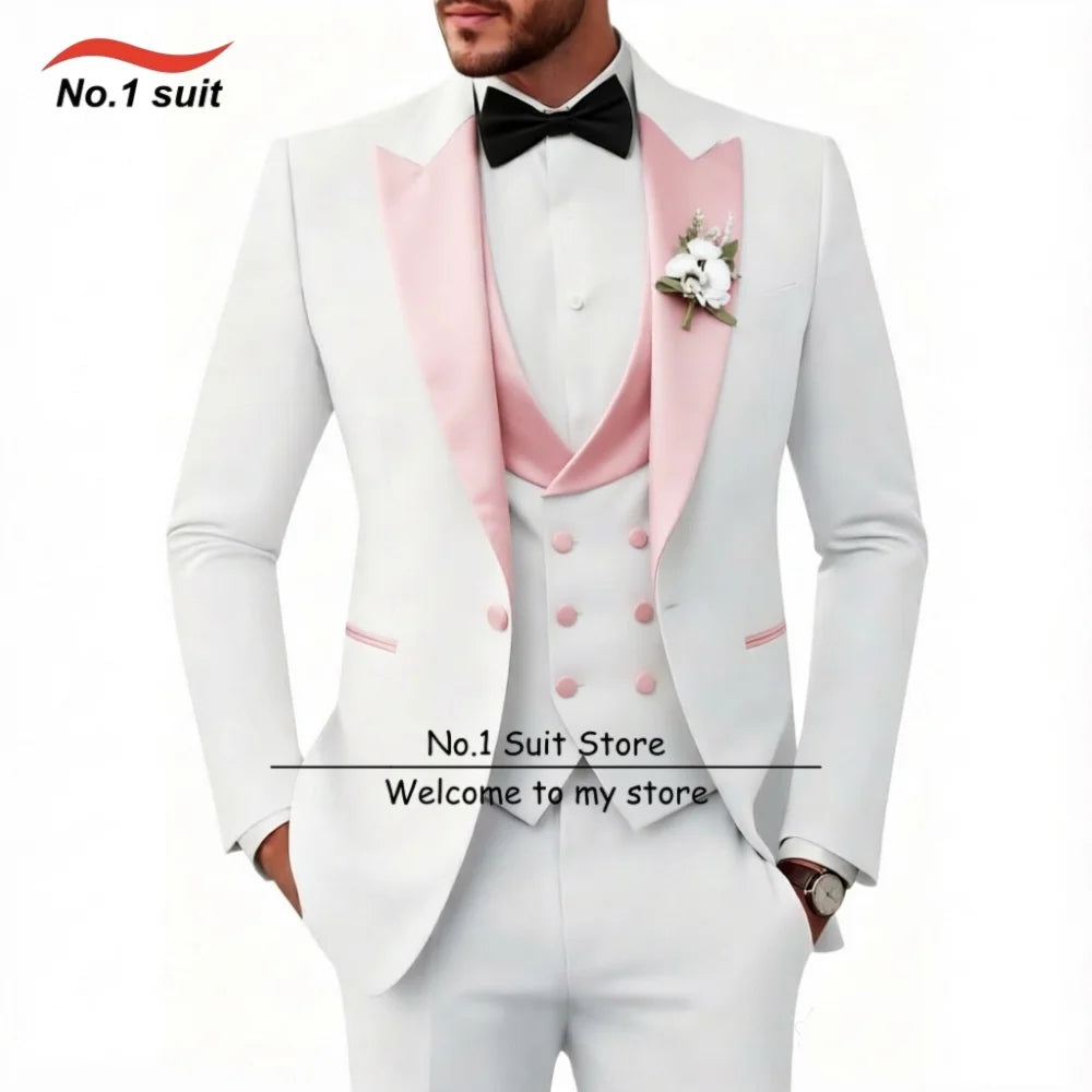 Wedding Tuxedo for Mens 3 Piece Suits Slim Fit Men Tuxedos Double-Breasted Prom Peaked Lapel Men Suits