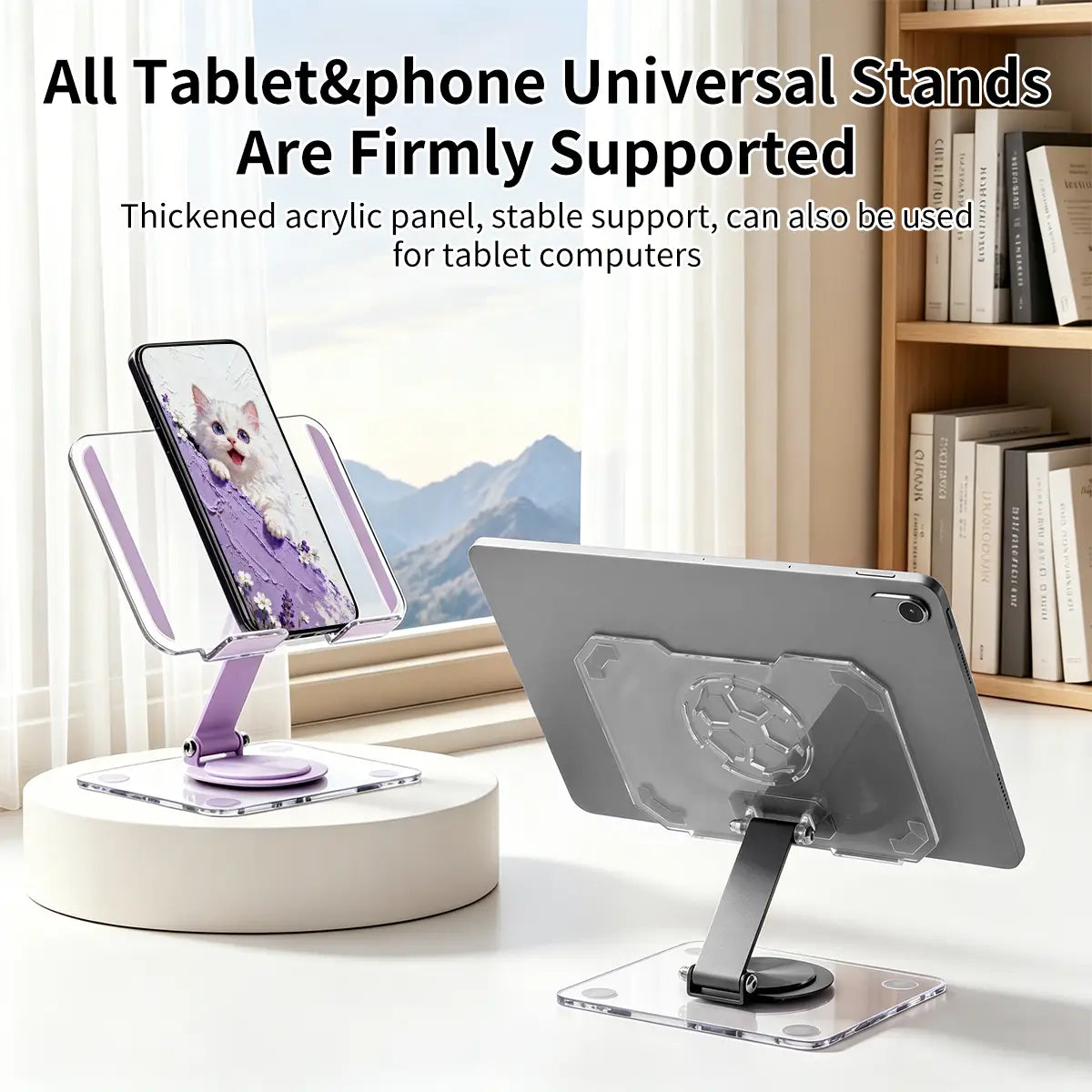 clear acrylic tablet and phone stand with a purple base featuring 360 rotating heat dissipation design
