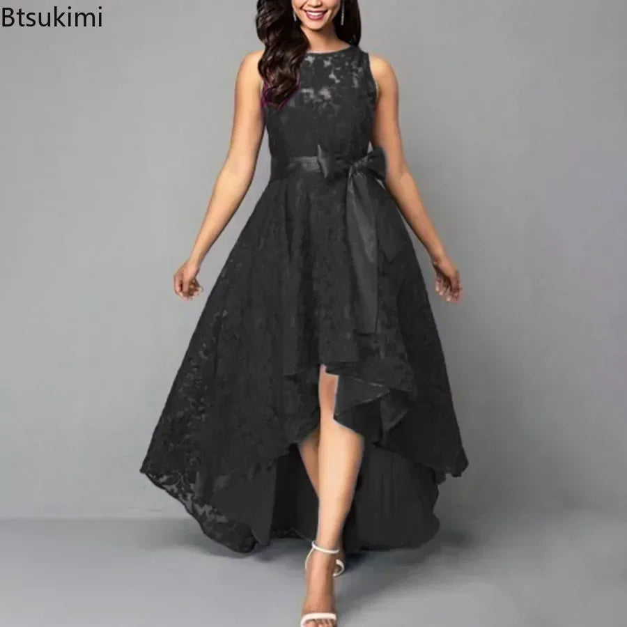2026 Women's Wedding Bridesmaid Dress Elegant Lace Evening Sweet Party Dress Plus Size Slim High Waist Bow Maxi Dresses Female