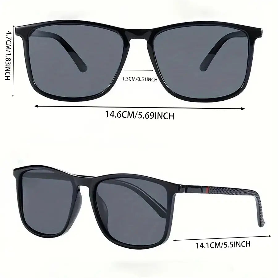 Gafas de sol vintage cuadradas y polarizadas, con marco rectangular negro, con protección UV400; incluye lentes grises oscuras y puntas de patillas con textura.