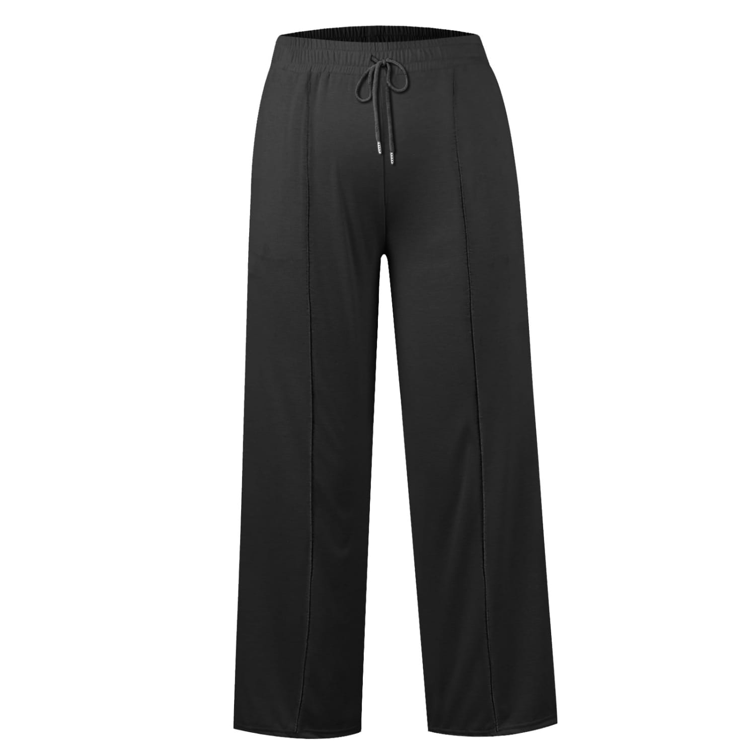 Black wide leg fleece lined sweatpants for women featuring an elastic waistband and a drawstring with a solid pattern type.