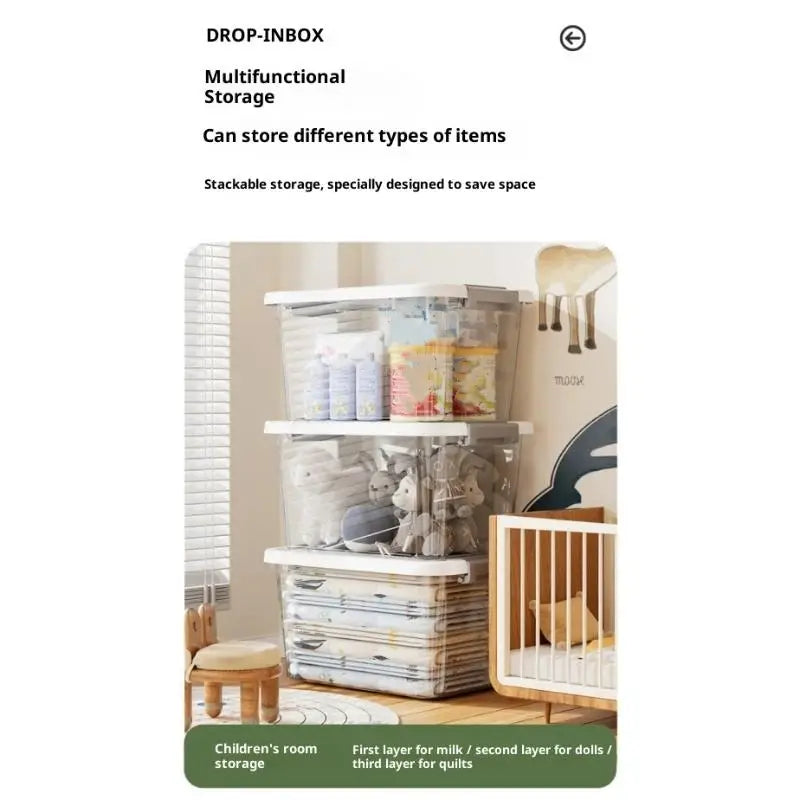 Boîte de rangement en plastique transparent avec couvercle et loquets, avec des bacs de rangement empilables en plastique transparent et un couvercle de boîte blanc, conçu pour une organisation multifonctionnelle et peu encombrante dans une chambre d’enfants, en grande taille environ
