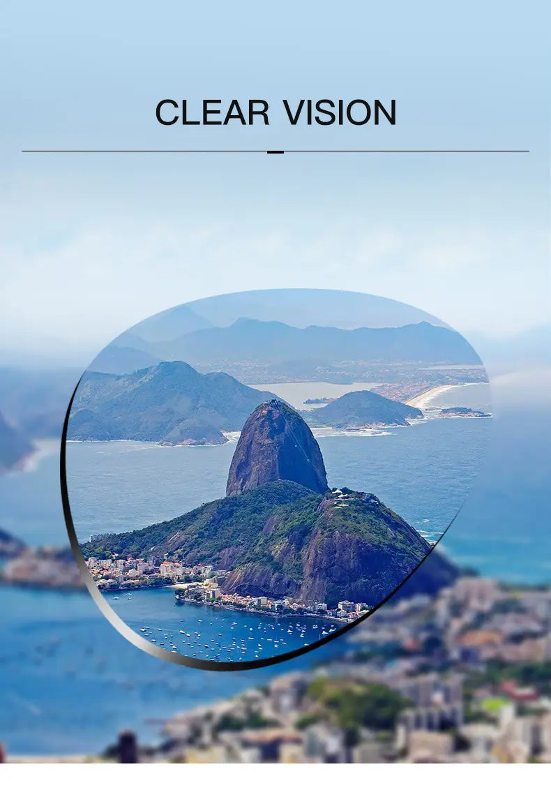 Lentille ovale claire avec monture noire sur des lunettes de soleil carrées surdimensionnées, unisexes et de style créateur, avec protection UV400, présentant le mont Sugarloaf et la skyline de Rio de Janeiro.