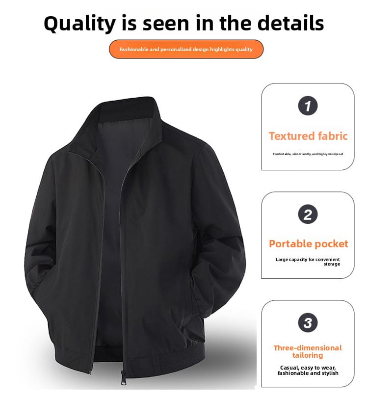 Chaqueta cortavientos ligera para hombre con tejido negro texturizado, cuello vuelto clásico y cierre frontal con cremallera.
