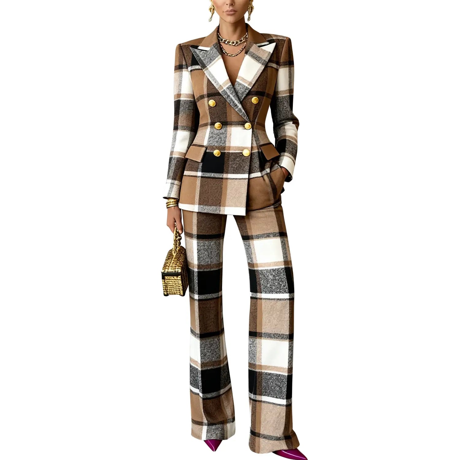 Damen-Karo-Blazer-Hosen-Set aus Synthetikfaser mit Braun-Schwarz-Weiß-Karo-Muster, goldfarbenem Knopfverschluss und passenden Wide-Leg-Hosen.