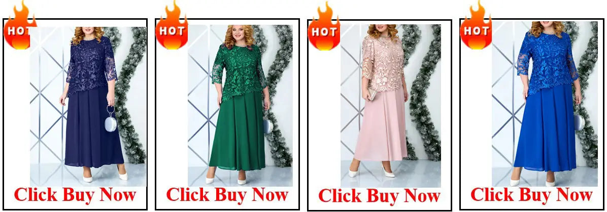 A plus-size woman models a purple satin two piece set with wide leg pants featuring lace and chiffon sheer sleeves and flowing skirts in navy blue emerald green blush pink or royal blue.