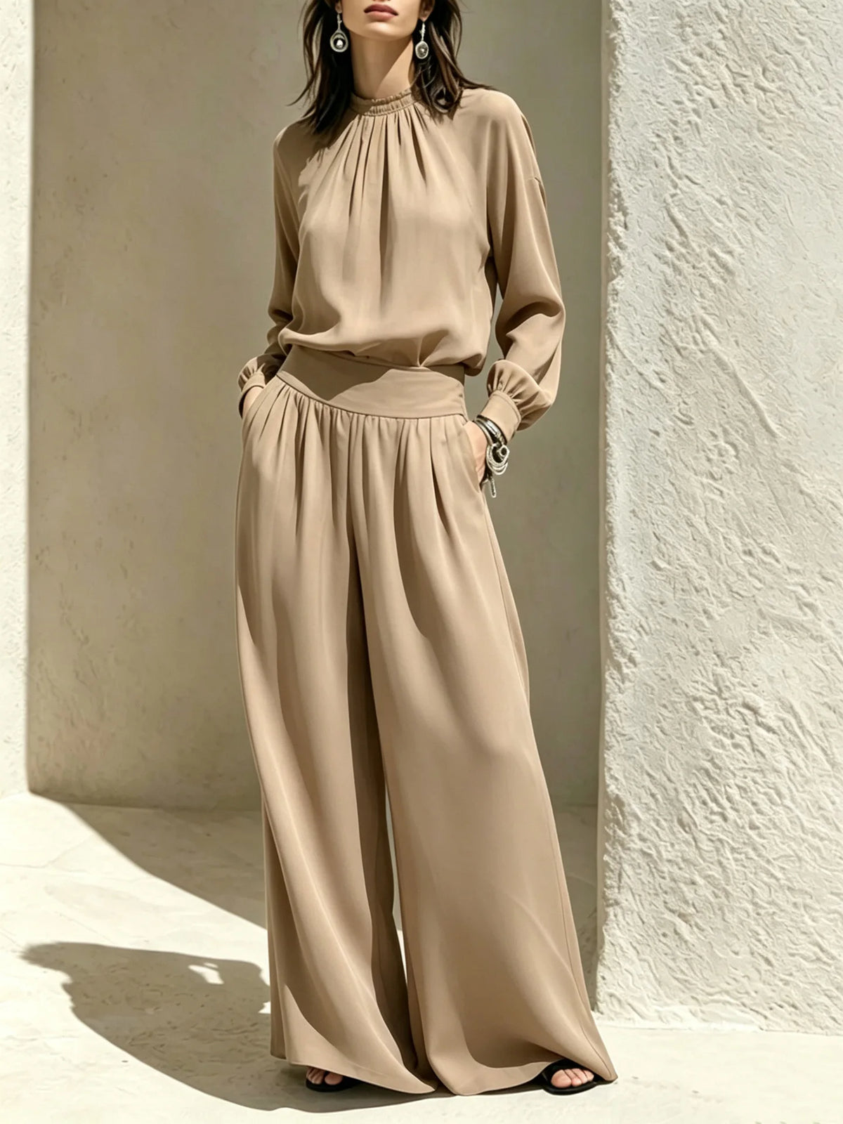 2026 Fall European and American New Casual, High-End, Stand-Up Collar Outfit Set: Loose Blouse, Wide-Leg Pants for Women.