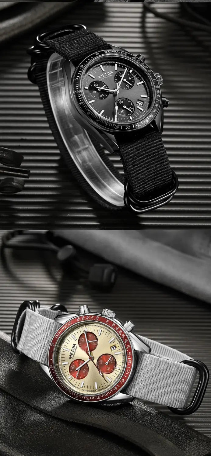 Megir men canvas chronograph watch featuring a black nylon strap, silver-toned case, black chronograph function, and gray dial.