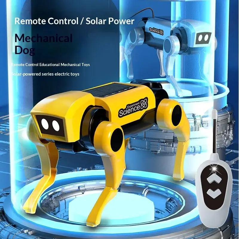interactive robotic dog toy with voice control shown from the back side featuring a yellow and black remote-controlled solar-powered mechanical design with a science logo on its back.