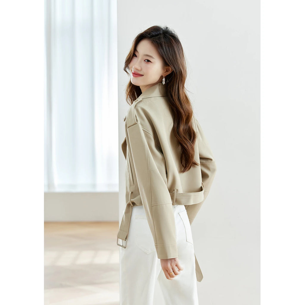 Women's Short Trench Coat Autumn 2026 Single Buttom Belted Turn-Down Collar Jackets Casual Fashion Versatile Outerwear 16698