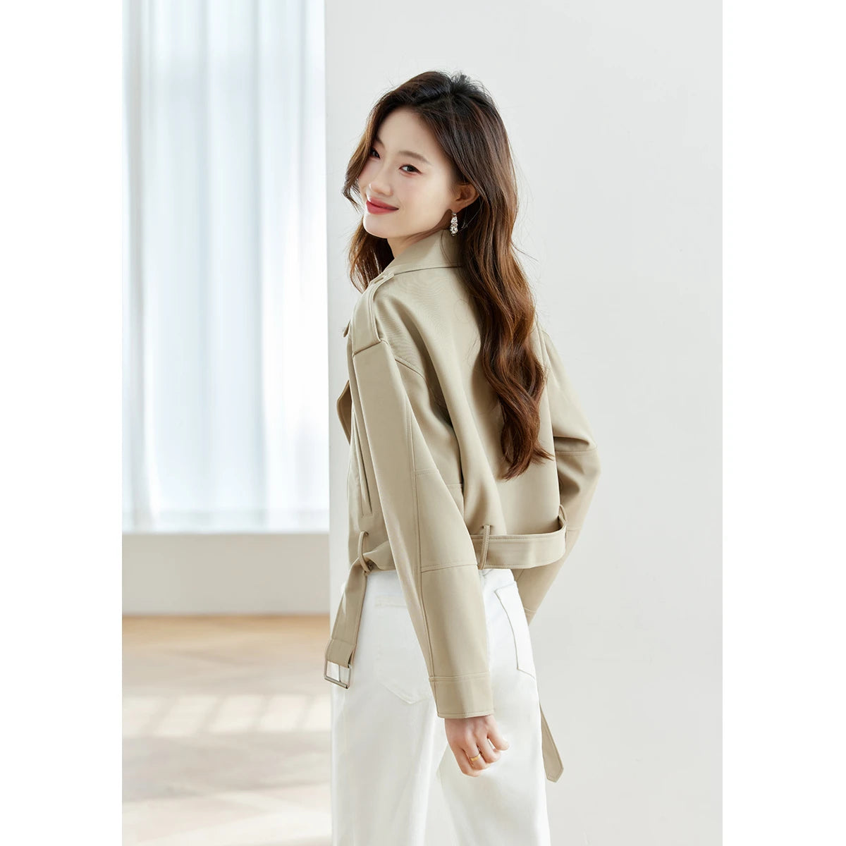 Women's Short Trench Coat Autumn 2026 Single Buttom Belted Turn-Down Collar Jackets Casual Fashion Versatile Outerwear 16698