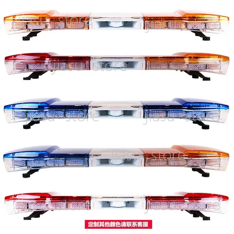 Conjunto de cinco barras de luz de advertencia de emergencia LED con carcasa de plástico transparente, que presenta secciones iluminadas en rojo, ámbar, azul y blanco.
