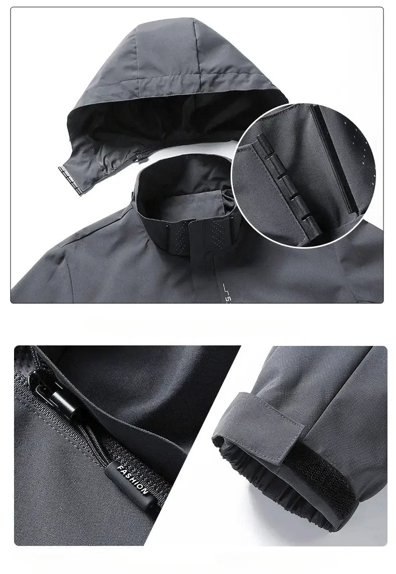 Men waterproof hiking jacket hooded windbreaker in black featuring a waterproof material, zipper closure, elastic cuffs, and a hood.