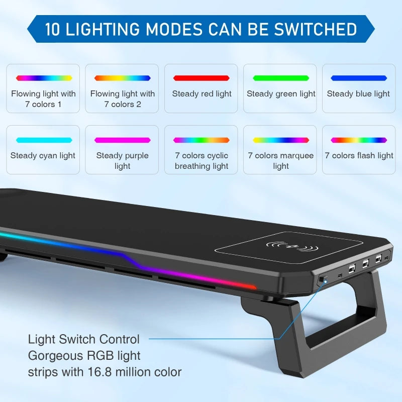 Wireless Charging Computer Stand with RGB Light Monitor Stand Office Docking Station Multifunctional Foldable Desktop Organizer