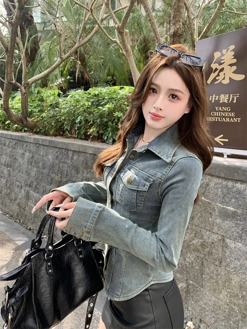 Women Denim Blouse Vintage New Spring Full Cotton Lace Up Solid Casual Jacket Jeans Women Street Style Euro-America Style