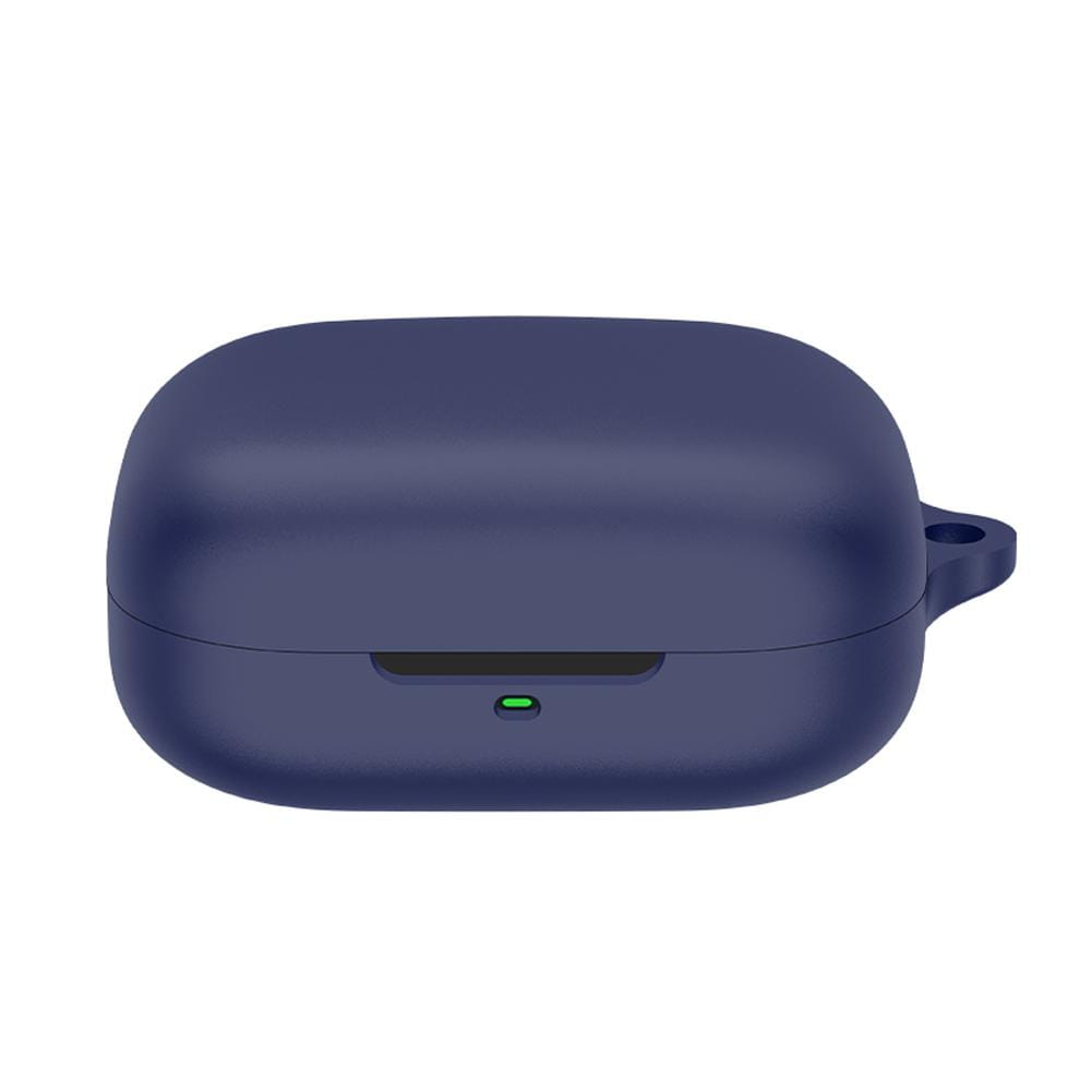 Navy blue silicone airpods pro case protective cover with a green charging indicator light and integrated carrying loop shown from the back side.