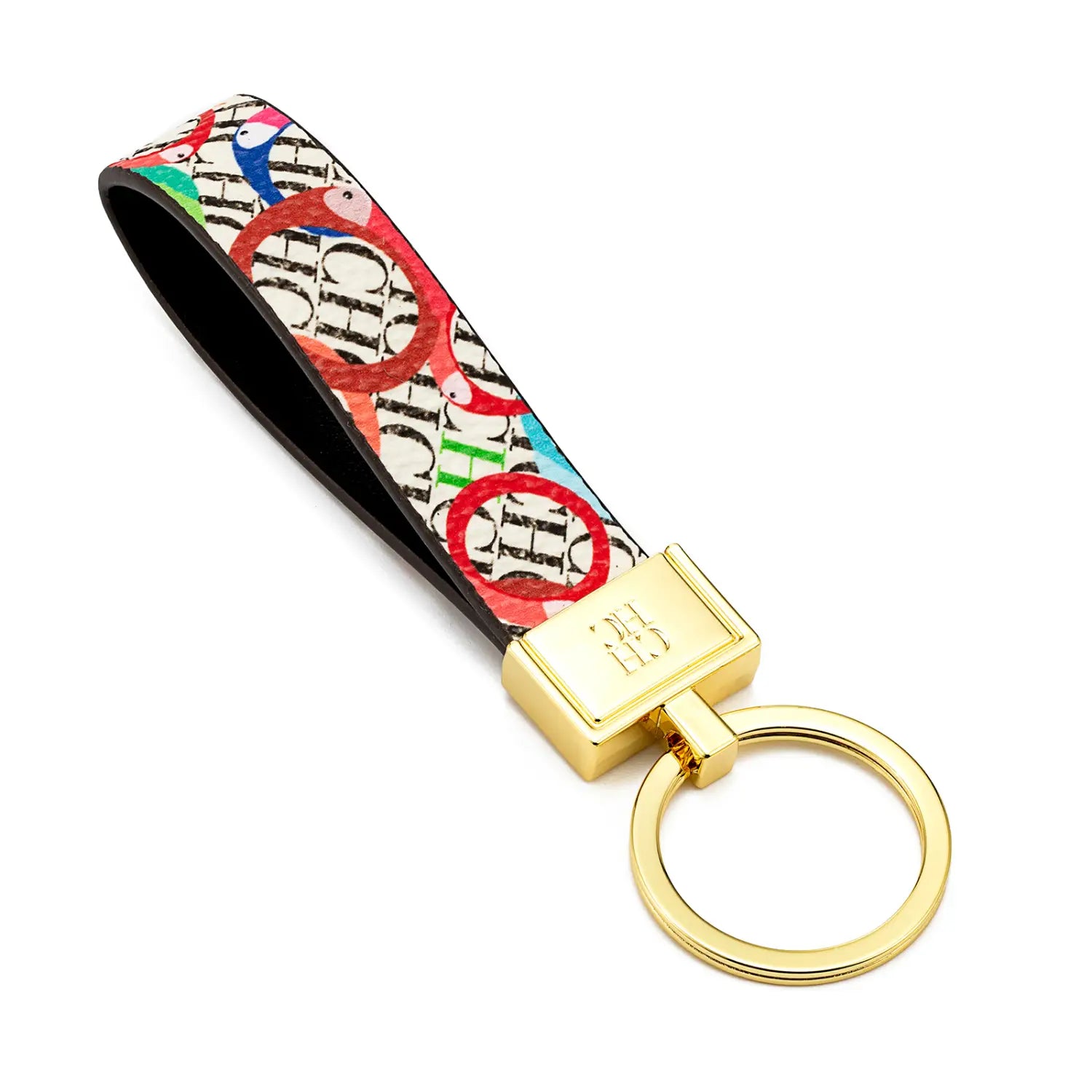 A vibrant multicolored leather logo keychain featuring a playful parrot and circular pattern on its fabric strap with gold-tone metal hardware designed as a designer fashion accessory gift.