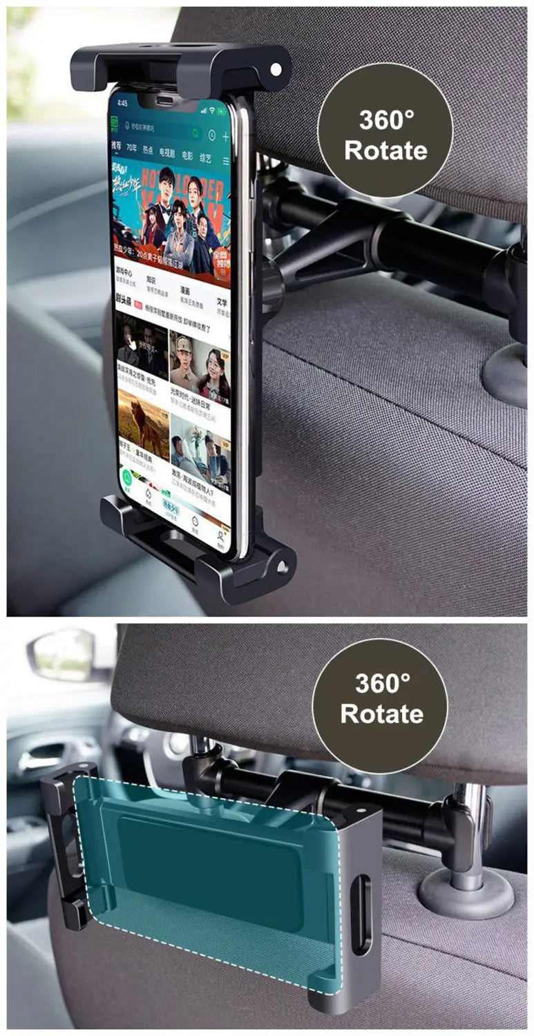 Soporte para teléfono para reposacabezas de automóvil con rotación de 360 grados, de color negro, fabricado con material resistente, mostrado desde el lado posterior, diseñado como soporte para tableta para reposacabezas de automóvil para dispositivos de 4,7 a 13 pulgadas.