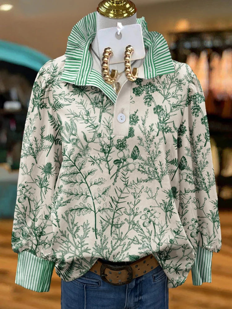 Women Long Sleeve Shirt Blouse Floral Print Casual Tops Spring Autumn Trendy Fashion Stripe Collar Button Down Shirt for Women