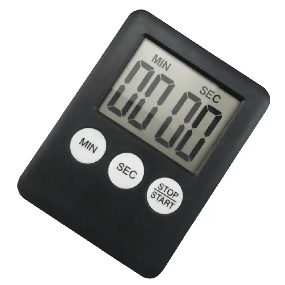 Digital kitchen timer magnetic stopwatch in black with a rectangular display showing minutes and seconds and three white circular buttons labeled min sec and stop start.