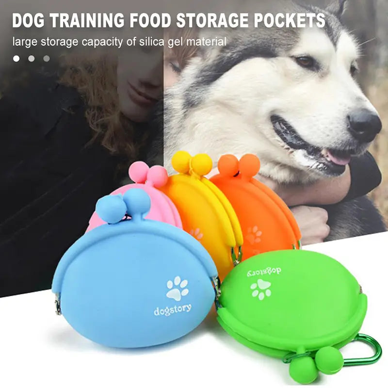 Colorful silicone pet dog train food snacks pouch with paw print designs and pom-pom closures for convenient dog train food storage.