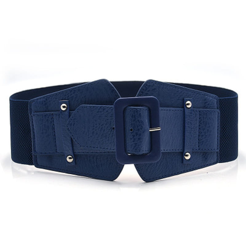 Ceinture de robe élastique large pour femme, bleu marine, avec une boucle en faux cuir texturé et une quincaillerie à tonalité argent, à utiliser comme ceinture de mode