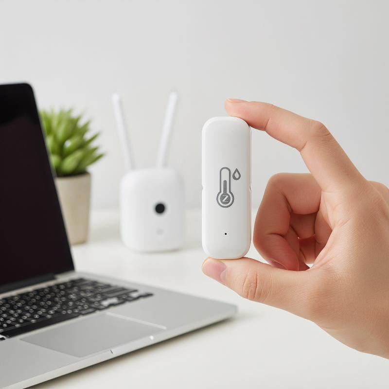 white rectangular smart wireless temperature monitor with gray temperature icon and droplet symbol featuring a humidity sensor for indoor climate monitoring