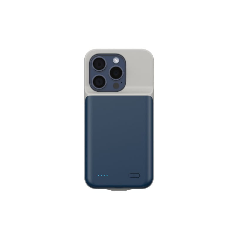étui de batterie de 10000 mAh bicolore bleu marine et gris clair pour iPhone 17air, 17pro, 17promax, illustrant la face arrière avec batterie intégrée