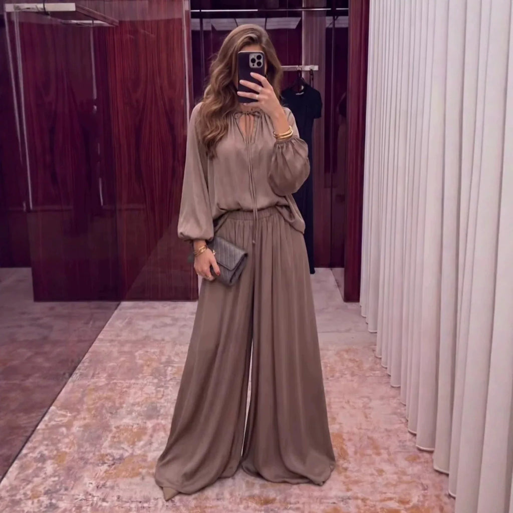 Fashion Women's Matching Set V Neck Tie Front Loose Long Sleeve Tops Pants 2 Piece Outfits Spring Summer