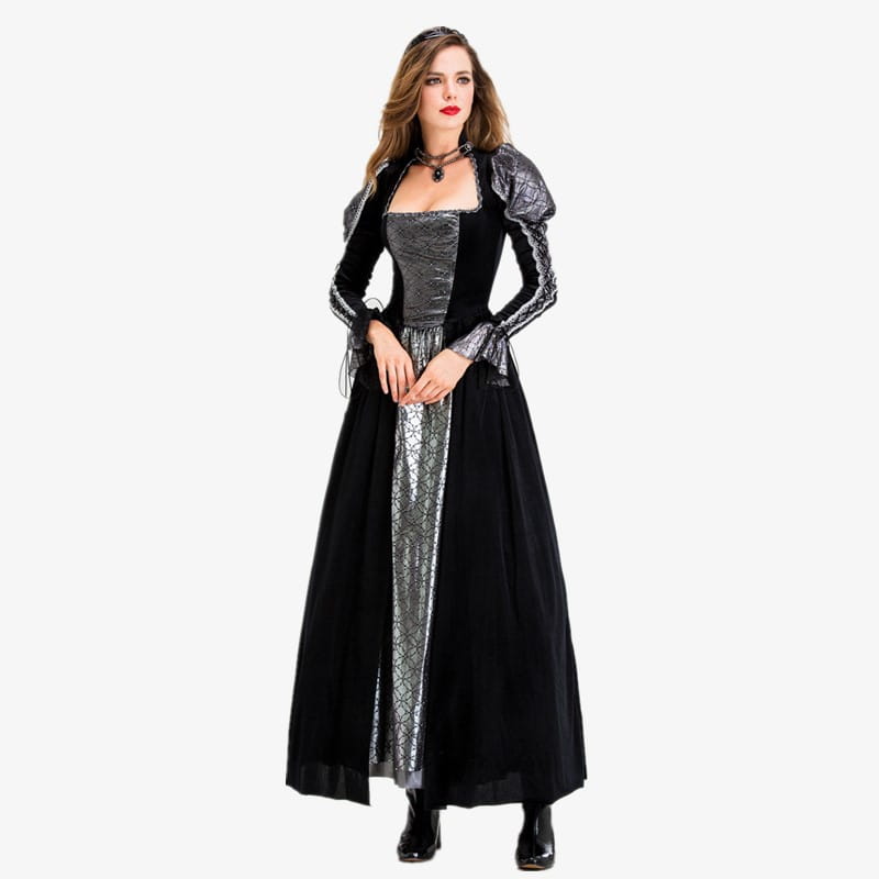 Elegant black and silver gothic vampire queen costume featuring a velvet bodice, lace-trimmed sleeves, and a flowing skirt with metallic patterned panels.