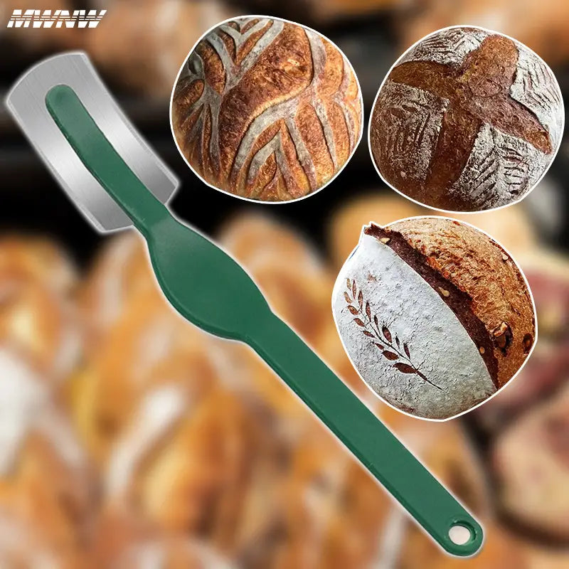Green-handled bread lame stainless steel scoring knife with a shiny metallic blade designed for cleanly slicing artisan bread loaves.