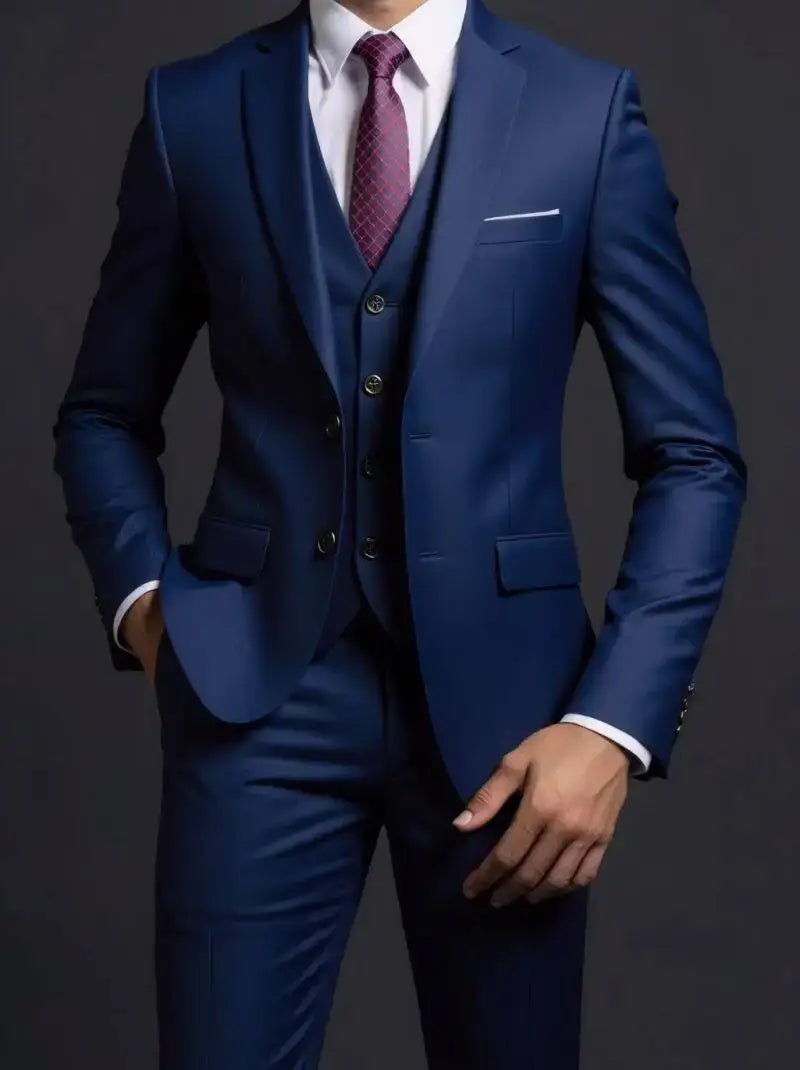 Traje de tres piezas de hombre color azul marino, con un tejido discreto con textura y chaleco a juego, tipo de cierre de un solo pecho para vestir formal.
