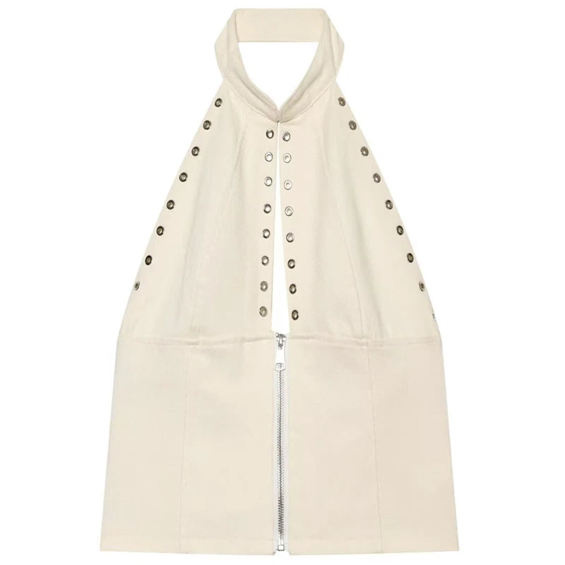 Women's Denim 2 Piece Sets Casual White Halter Sleeveless Metal Rivet Zip-Up Crop Tops & Wide Leg Pants Sets Female Streetwear