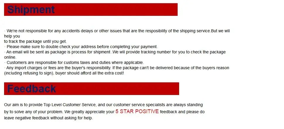 Red and dark purple text on a white background detailing shipping policies and customer feedback guidelines for the laptop LCD back cover gray cartoon lightning design.