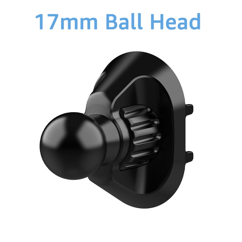 Base de tête à bille de 17 mm noire pour fixation sur grille d’aération de voiture, finition mate et anneau de préhension texturé.