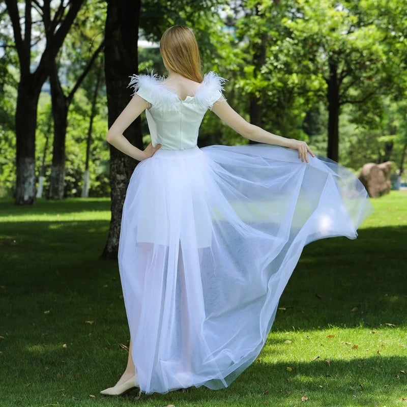 Women Tulle Tutu Long Skirts Wedding Party Cocktail Prom Bandage Mesh Maxi Skirt Bridal High Waist Detachable Overskirt Overlay