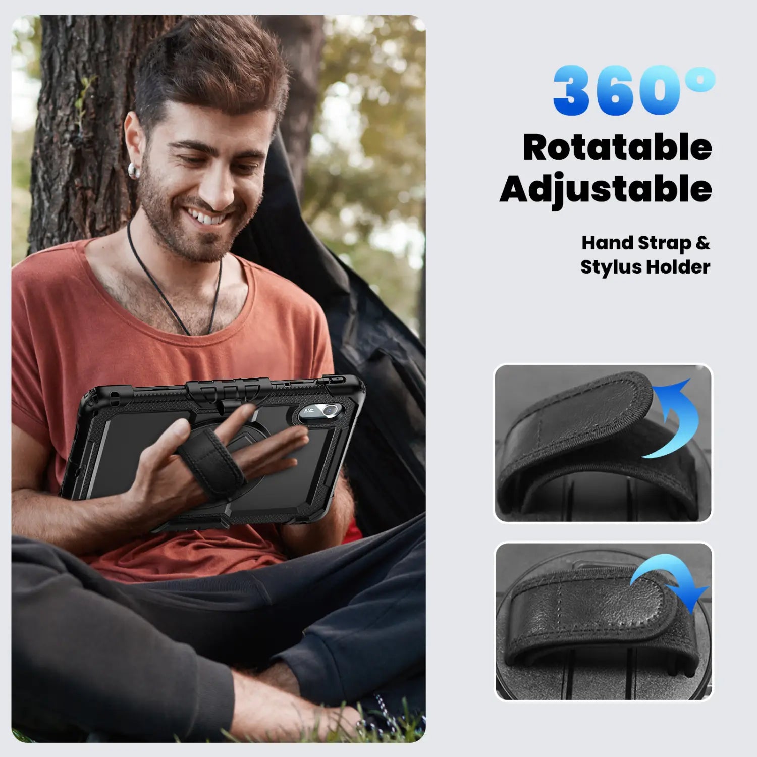 black rugged armor case for tb336fu xiaoxin pad 11 with 360-degree adjustable hand strap and stylus holder designed for durability and ease of use