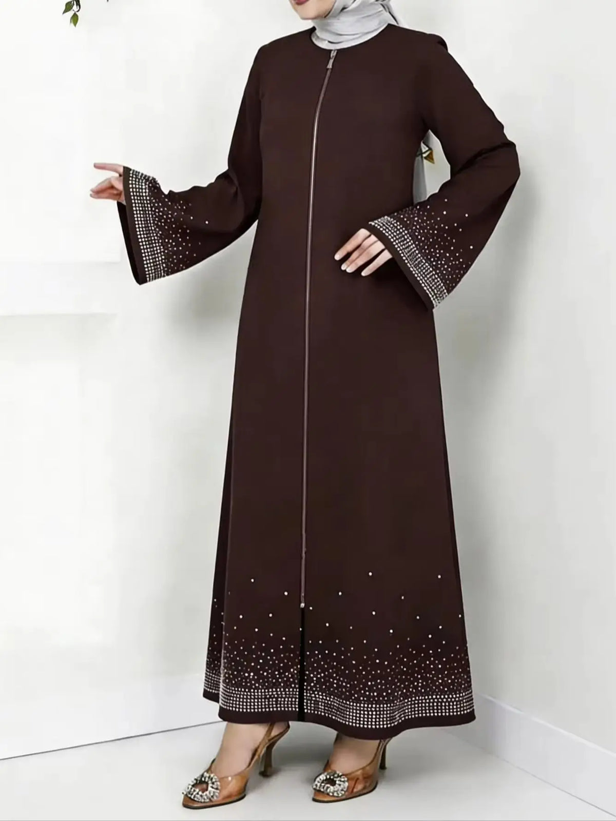 Middle Eastern Arabian Women Elegant Dress Long Sleeve Star Rhinestone Loose Solid Color
