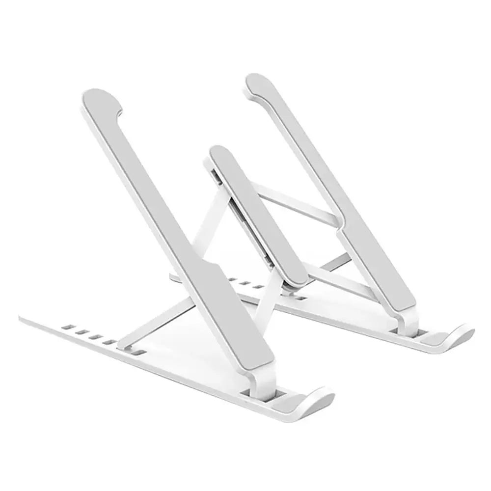 Support pour ordinateur portable pliable et réglable blanc, au design minimaliste élégant et à la finition lisse en plastique, support ergonomique.