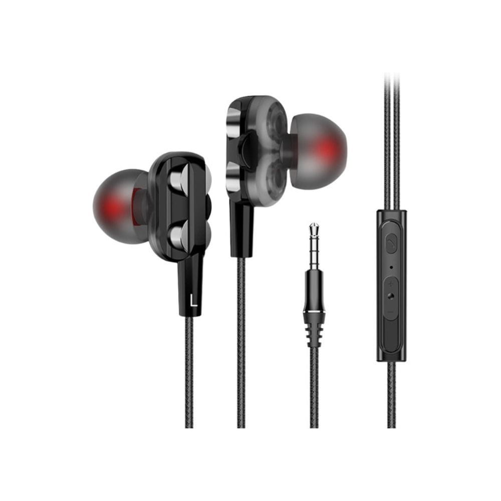 Écouteurs à double dynamique noirs avec éclairage d’accentuation rouge et câble texturé, dotés d’un module de commande en ligne pour une utilisation avec casque stéréo filaire 3,5 mm.
