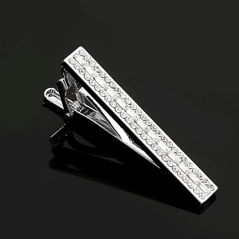 silver tie bar from the crystal rhinestone tie clip set adorned with two parallel rows of clear sparkling rhinestones