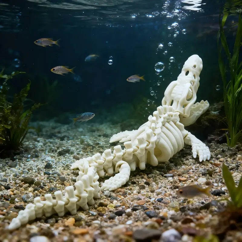 Figura decorativa de esqueleto de dinosaurio de cocodrilo blanco hecha de resina, con una estructura ósea detallada y mandíbula abierta, apoyada sobre grava como adorno para acuario para simular paisajes acuáticos.