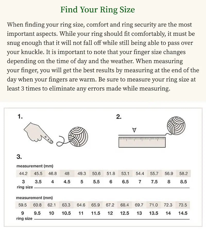 L’image présente un guide de taille pour une bague d’éternité cœur en argent sterling, avec des schémas et des tableaux de mesure afin d’aider à déterminer les dimensions du doigt.